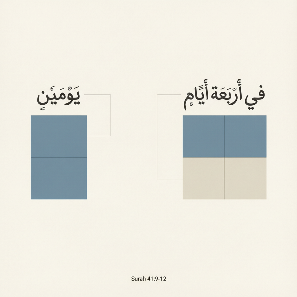 To resolve the apparent contradiction, we must look at the Arabic text carefully. In 41:9, the word 
